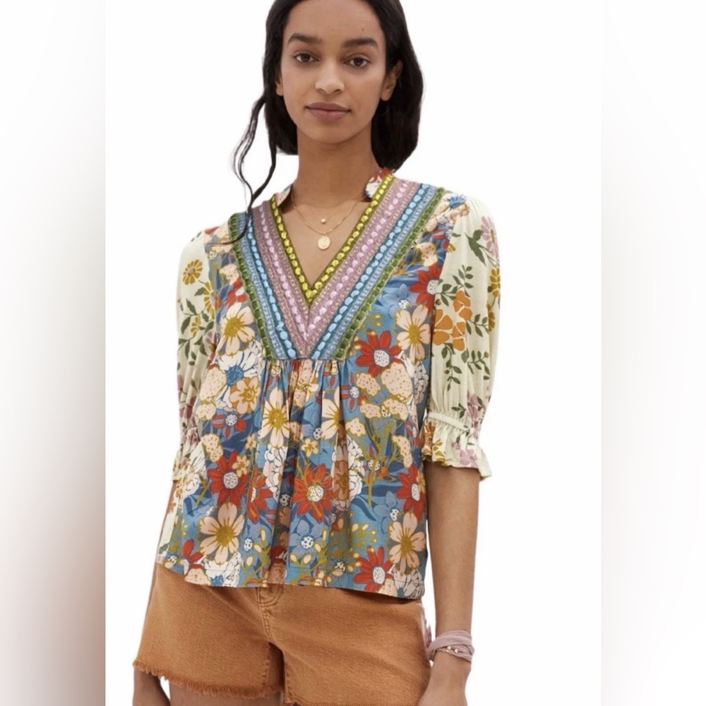 Anthropologie Multicolor Floral V-Neck Peasant Blouse